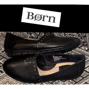 Born Bikercore edgy Balletcore Gold Studded Black Flats Leather Loafers size 8